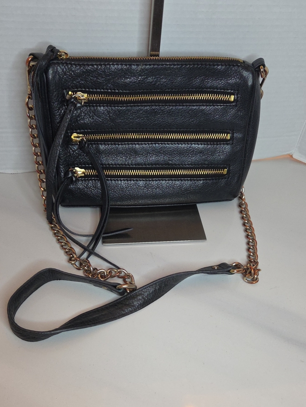 Danier Black Leather Crossbody with Gold Chain and Zippers